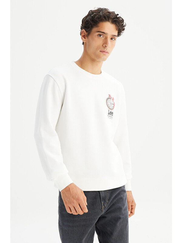 Lee Regular Fit Normal Kesim Bisiklet Yaka Baskılı Kırık Beyaz Sweatshirt