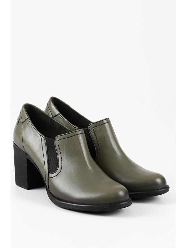 HAKİ Hakiki Deri Yuvarlak Burun Kalın Orta Topuklu Kauçuk Taban Lastikli Kadın Ayakkabı 24038 - Görsel 3