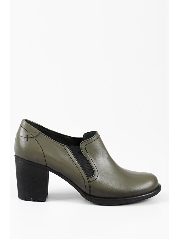 HAKİ Hakiki Deri Yuvarlak Burun Kalın Orta Topuklu Kauçuk Taban Lastikli Kadın Ayakkabı 24038 - Görsel 5