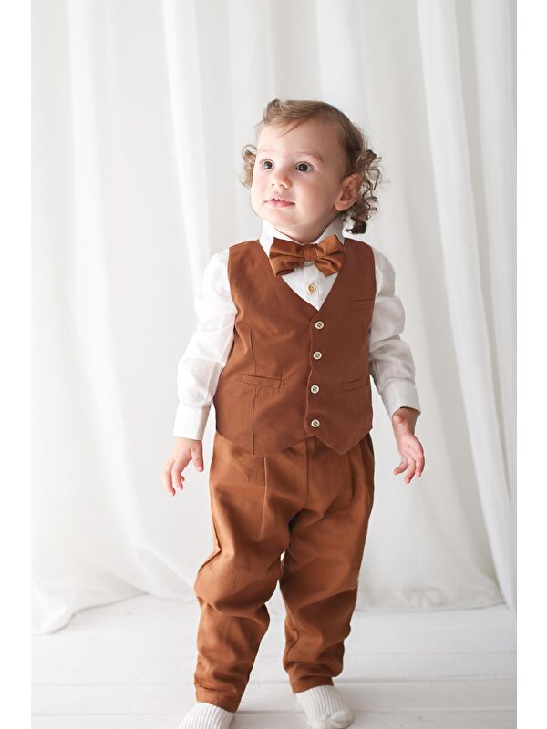 Catz Kids Erkek Çocuk Takım - Kahve Gabardin Yelekli 4'lü Set ( %100 Pamuk )