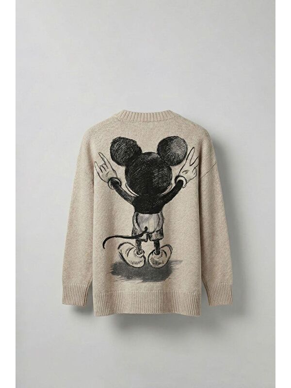 Abluka Online Erkek Oversize Mickey Mouse Kabartma Baskılı Kazak Bej