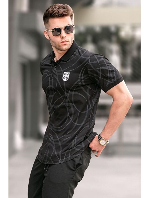 Madmext Siyah Desenli Polo Yaka Tişört 5873