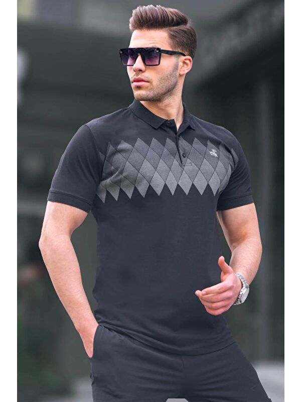 Madmext Siyah Desenli Polo Yaka Erkek Tişört 6106