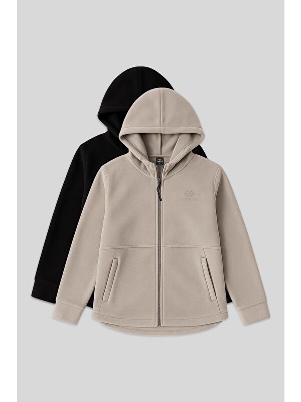 Tommylife Rahat Form Kapüşonlu 2li Paket Siyah-Koyu Bej Kadın Polar Sweatshirt - 97233