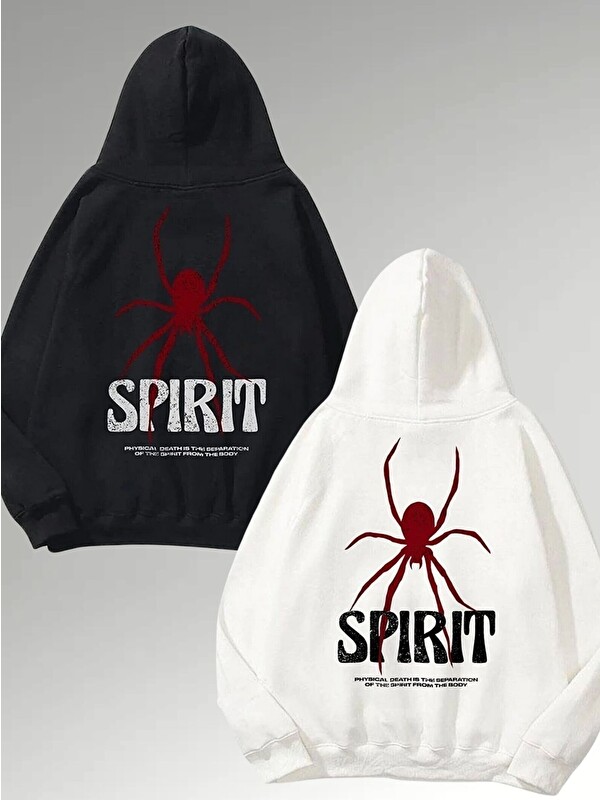 Trendseninle Kadın 3 İplik Siyah Ve Beyaz Spirit Baskılı Kapüşonlu Sweatshirt Hoodie 2 Li