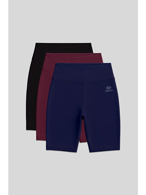 Tommylife Slim Fit 3lü Paket Siyah-İndigo-Bordo Kadın Kısa Biker Tayt - 91007