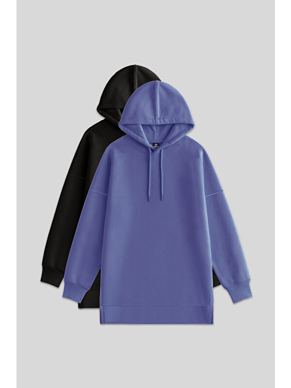Tommylife Oversize Kapüşonlu 2li Paket Siyah-Eflatun Kadın Tunik Sweatshirt - 97242