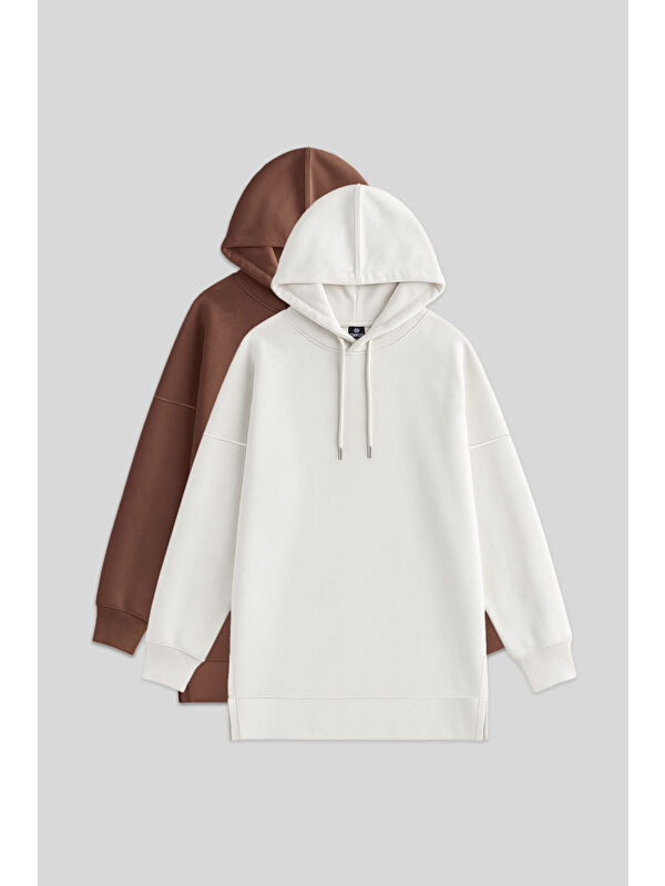 Tommylife Oversize Kapüşonlu 2li Paket Ekru-Kahverengi Kadın Tunik Sweatshirt - 97242