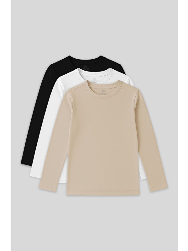 Tommylife Standart Fit Basic O Yaka 3lü Paket Siyah-Beyaz-Bej Unisex Çocuk T-Shirt - 11329