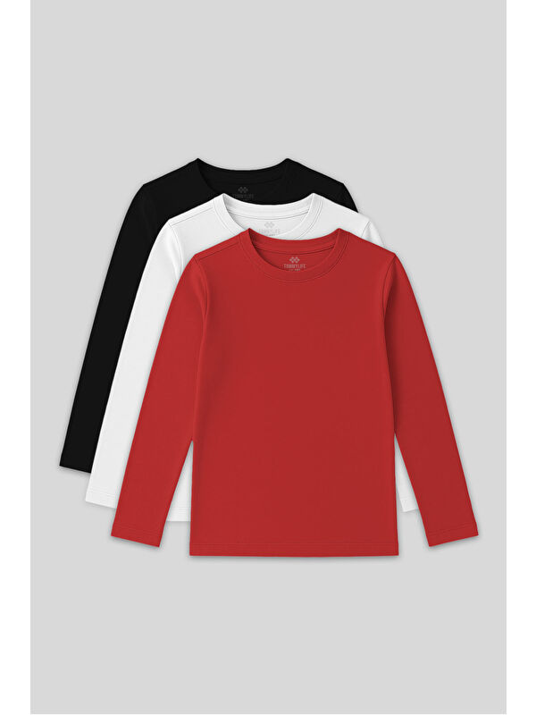 Tommylife Standart Fit Basic O Yaka 3lü Paket Siyah-Beyaz-Fiesta Unisex Çocuk T-Shirt - 11329