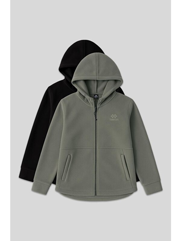 Tommylife Rahat Form Kapüşonlu 2li Paket Siyah-Çağla Kadın Polar Sweatshirt - 97233