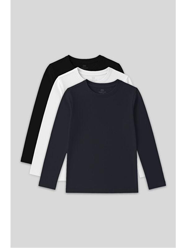 Tommylife Standart Fit Basic O Yaka 3lü Paket Siyah-Beyaz-Lacivert Unisex Çocuk T-Shirt - 11329