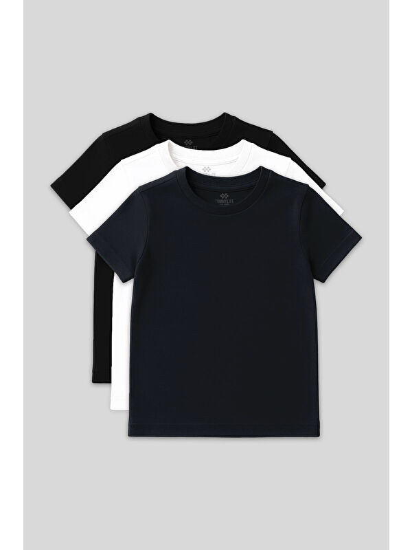 Tommylife Standart Fit Basic O Yaka 3lü Paket Siyah-Beyaz-Lacivert Unisex Çocuk T-Shirt - 11328
