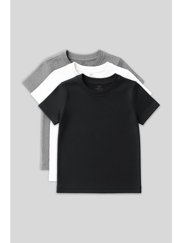 Tommylife Standart Fit Basic O Yaka 3lü Paket Gri Melanj-Antrasit-Beyaz Unisex Çocuk T-Shirt - 11328