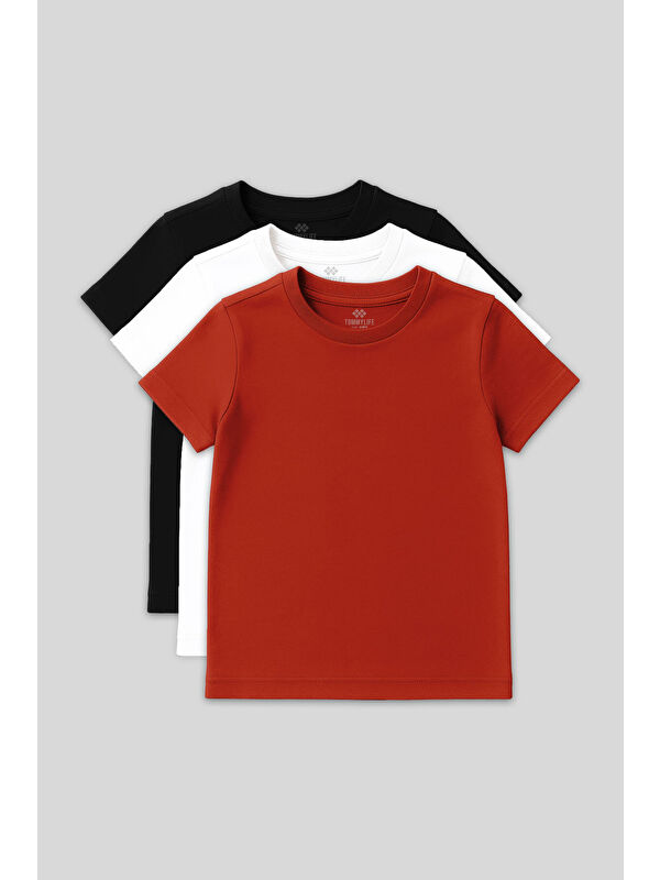 Tommylife Standart Fit Basic O Yaka 3lü Paket Siyah-Beyaz-Fiesta Unisex Çocuk T-Shirt - 11328
