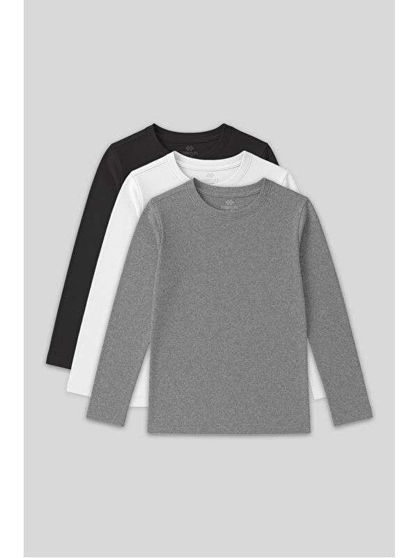 Tommylife Standart Fit Basic O Yaka 3lü Paket Gri Melanj-Antrasit-Beyaz Unisex Çocuk T-Shirt - 11329