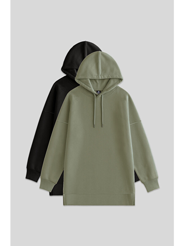 Tommylife Oversize Kapüşonlu 2li Paket Siyah-Çağla Kadın Tunik Sweatshirt - 97242
