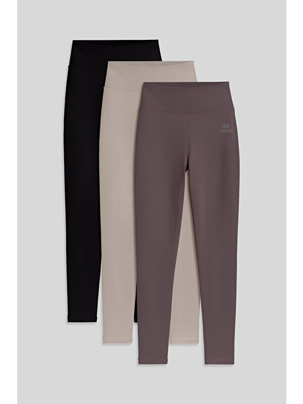 Tommylife Slim Fit 3lü Paket Koyu Bej-Kahverengi-Siyah Kadın Tayt - 94011
