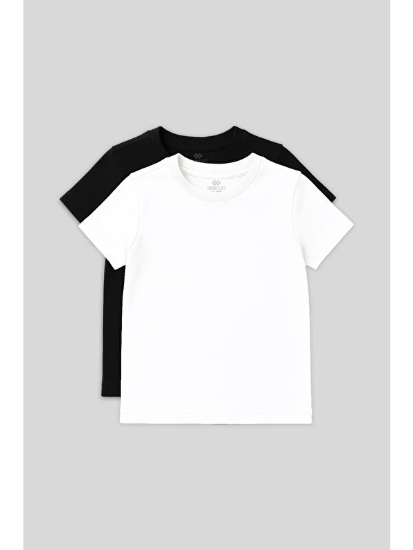 Tommylife Standart Fit Basic O Yaka 2li Paket Siyah-Beyaz Unisex Çocuk T-Shirt - 11328