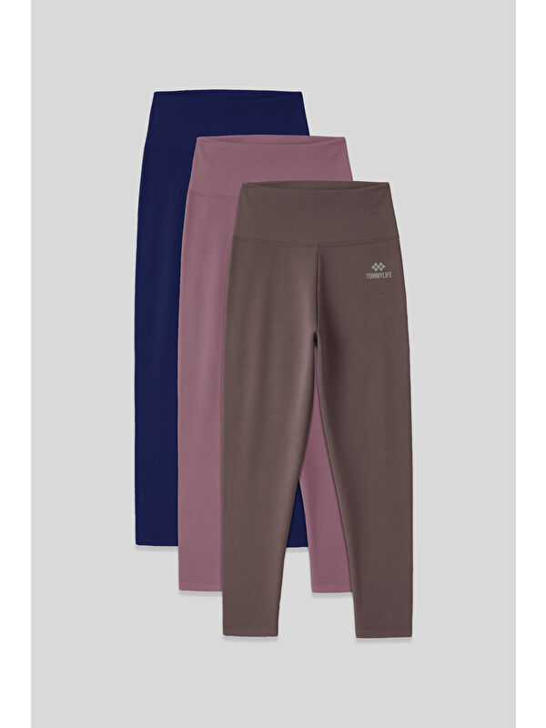 Tommylife Slim Fit 3lü Paket İndigo-Gül Kurusu-Kahverengi Kadın Kapri Tayt - 93097