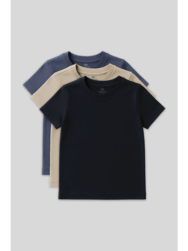 Tommylife Standart Fit Basic O Yaka 3lü Paket Lacivert-Bej-Koyu Mavi Unisex Çocuk T-Shirt - 11328