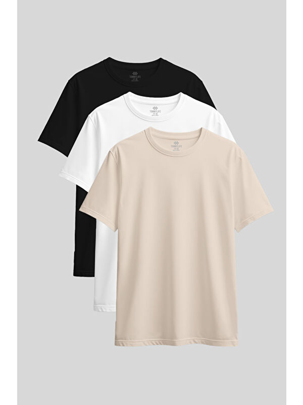 Tommylife Standart Fit Basic O Yaka 3lü Paket Siyah-Beyaz-Bej Kadın T-Shirt - 97311