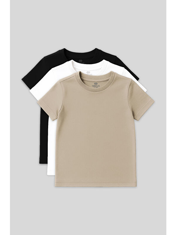 Tommylife Standart Fit Basic O Yaka 3lü Paket Siyah-Beyaz-Bej Unisex Çocuk T-Shirt - 11328