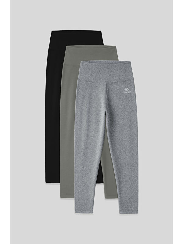 Tommylife Slim Fit 3lü Paket Siyah-Çağla-Gri Melanj Kadın Kapri Tayt - 93097