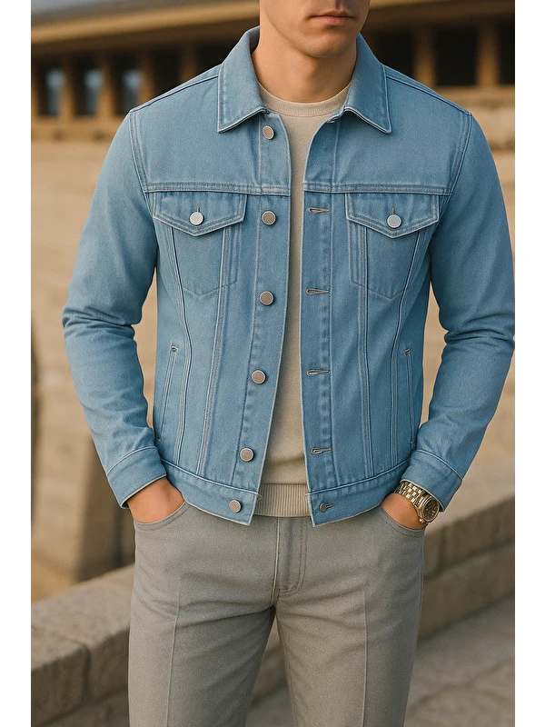 Comstar Erkek Mevsimlik Slim Fit Trend Klasik B.Mavi Jean Ceket