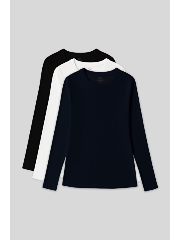 Tommylife Standart Fit Basic O Yaka 3lü Paket Siyah-Beyaz-Lacivert Kadın T-Shirt - 97312
