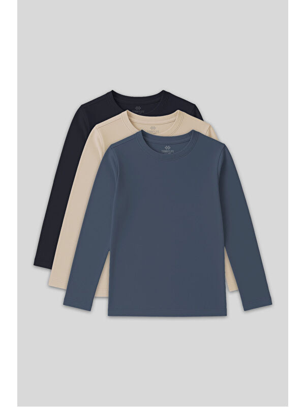 Tommylife Standart Fit Basic O Yaka 3lü Paket Lacivert-Bej-Koyu Mavi Unisex Çocuk T-Shirt - 11329