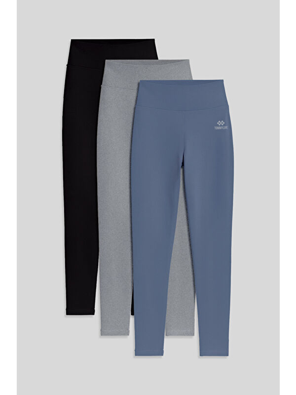 Tommylife Slim Fit 3lü Paket Siyah-Gri Melanj-Petrol Kadın Tayt - 94011