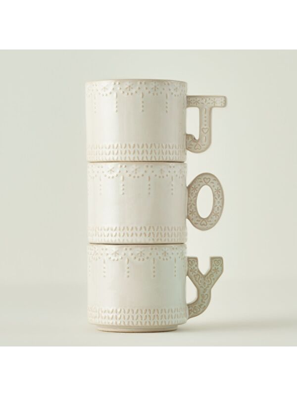 Bella Maison Joy Stoneware Yılbaşı 3'lü Kupa Seti Krem (390 cc)