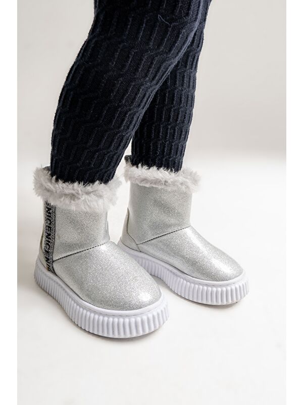 Kız Çocuk Gümüş Simli Suni Deri Kürklü Anatomik Kar Botu - Görsel 5