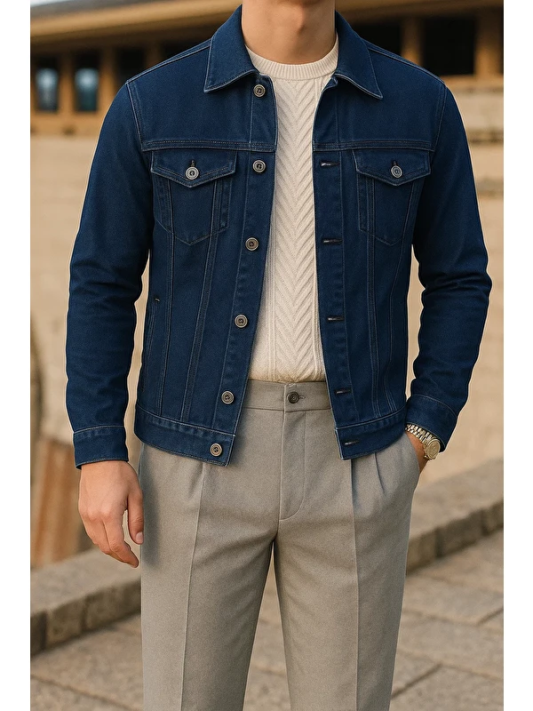 Comstar Erkek Mevsimlik Slim Fit Trend Klasik Lacivert Jean Ceket