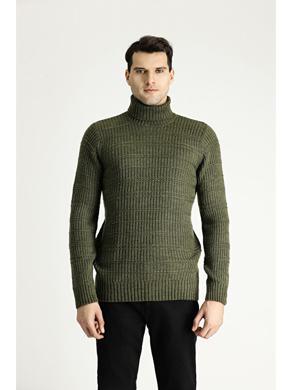 Kiğılı Balıkçı Yaka Slim Fit Dar Kesim Desenli Triko Kazak