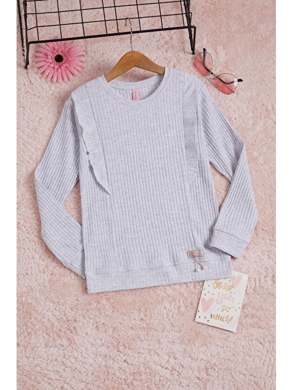 Pembe Life Kids Club Gri Önü Fırfırlı Fitilli Uzun Kollu Sweatshirt 16279