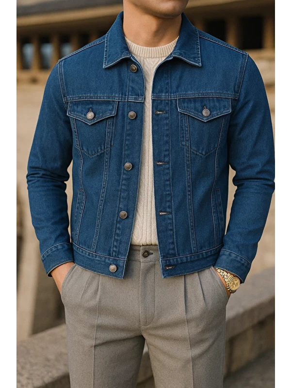 Comstar Erkek Mevsimlik Slim Fit Trend Klasik K.Mavi Jean Ceket