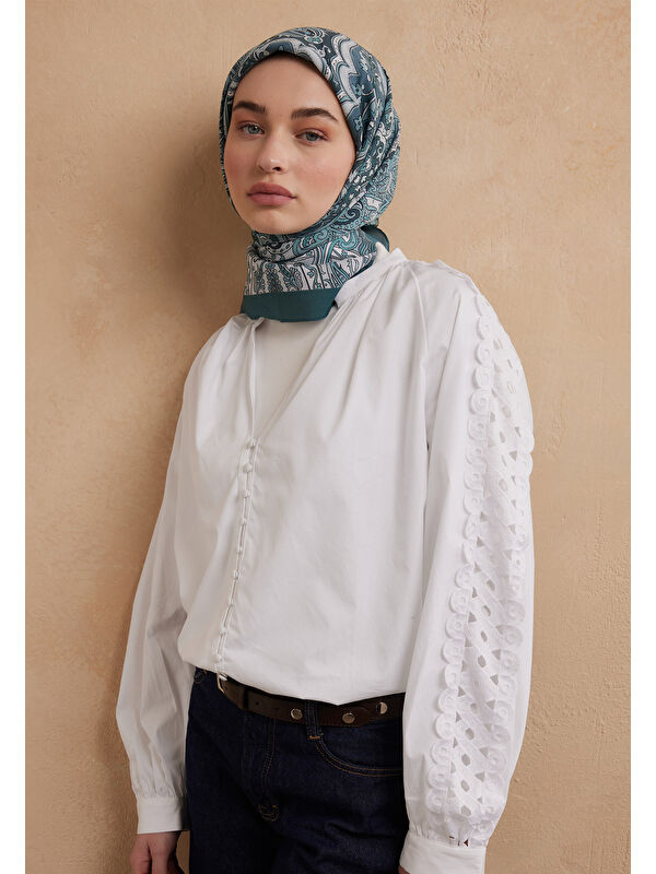 Fresh Scarfs Etnıc Floral Desen Pamuk İpek Eşarp Aquamarin