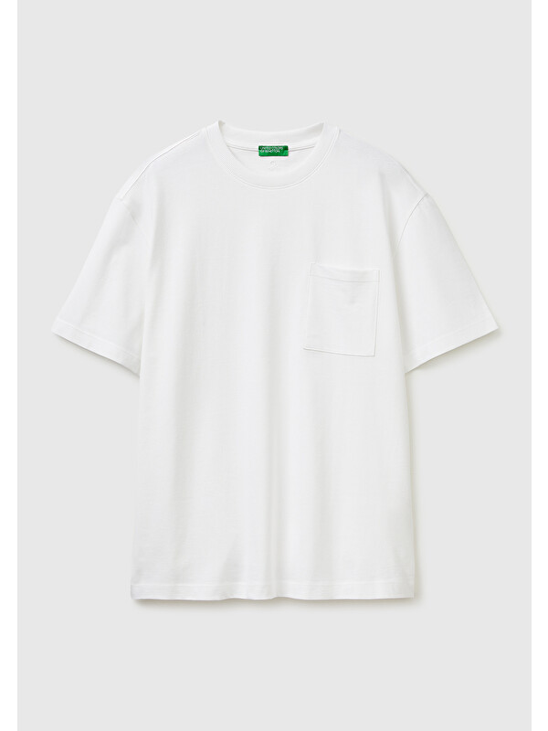 United Colors Of Benetton Erkek Beyaz  %100 Pamuk Cepli Arkası Logo Nakışlı Bisiklet Yaka Tişört