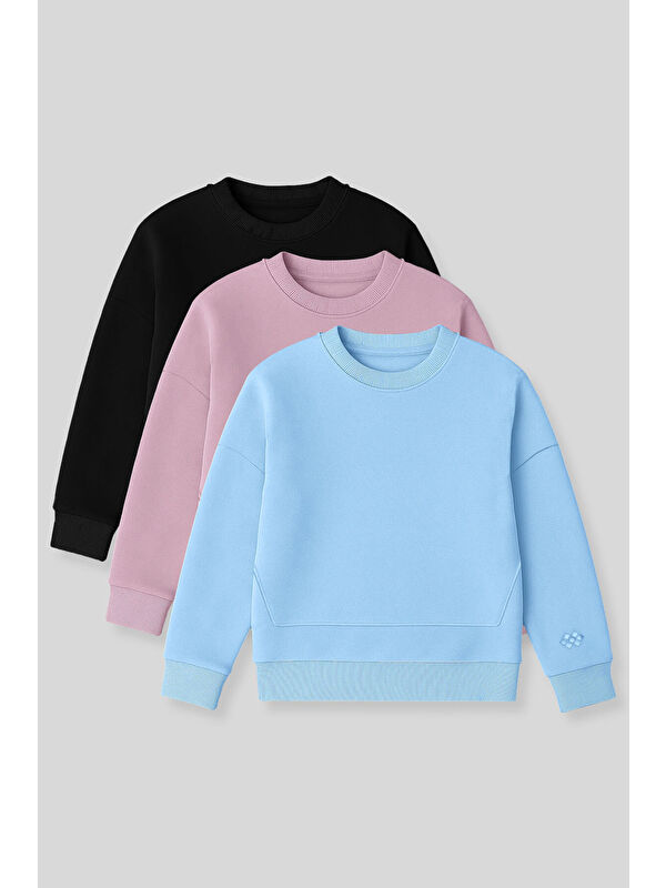 Tommylife Oversize 3lü Paket Siyah-Gül Kurusu-Açık Mavi Kız Çocuk Sweatshirt - 75150