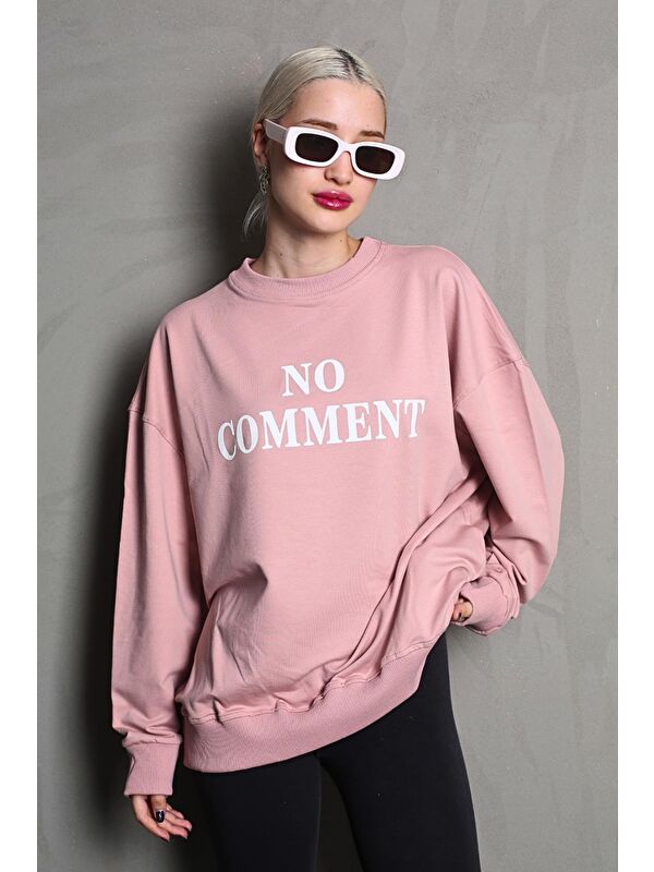 Madmext Pembe Bisiklet Yaka Baskılı Oversize Kadın Sweatshirt Mg1902