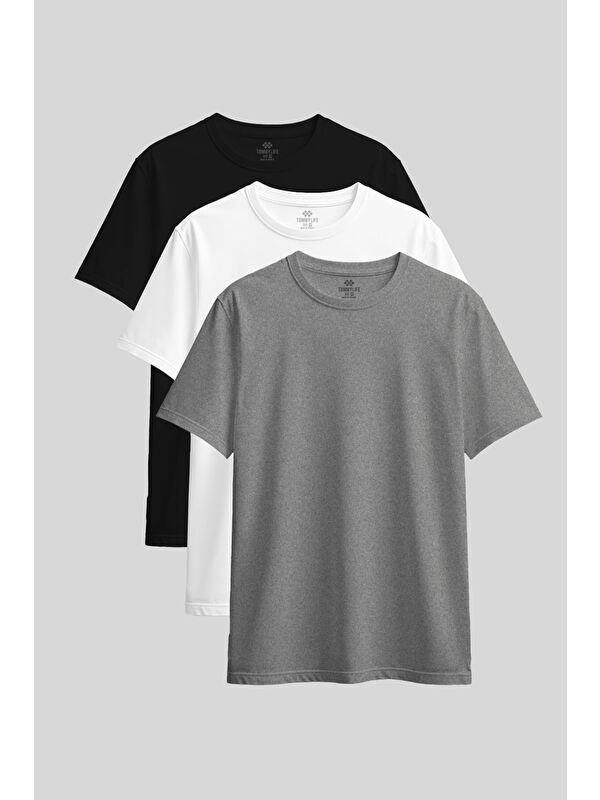 Tommylife Standart Fit Basic O Yaka 3lü Paket Siyah-Beyaz-Gri Melanj Kadın T-Shirt - 97311