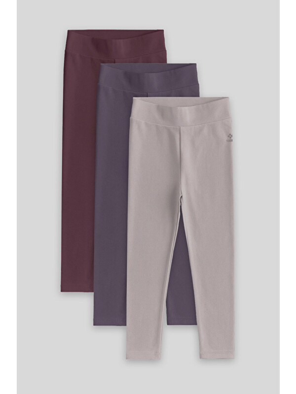 Tommylife Standart Fit Basic 3lü Paket Eflatun-Koyu Bej-Kahverengi  Kız Çocuk Tayt - 75047