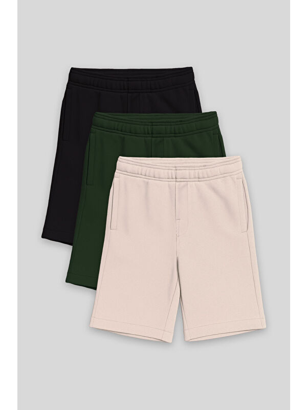 Tommylife Standart Fit Basic 3lü Paket Siyah-Çam Yeşili-Bej Erkek Çocuk Şort - 11293