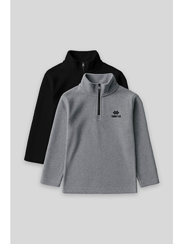 Tommylife Standart Fit 2li Paket Siyah-Gri Melanj Erkek Çocuk Polar Sweatshirt - 11221