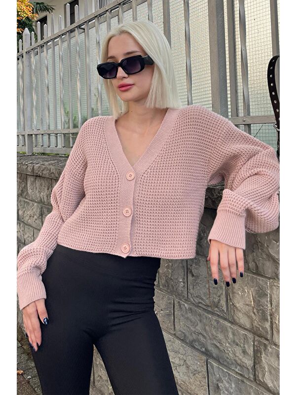 Madmext Pudra Uzun Kollu Düğmeli Crop Hırka Mg2198