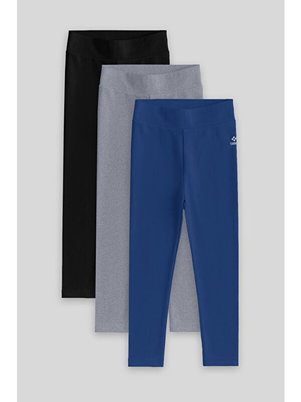Tommylife Standart Fit Basic 3lü Paket Siyah-Gri-İndigo  Kız Çocuk Tayt - 75047