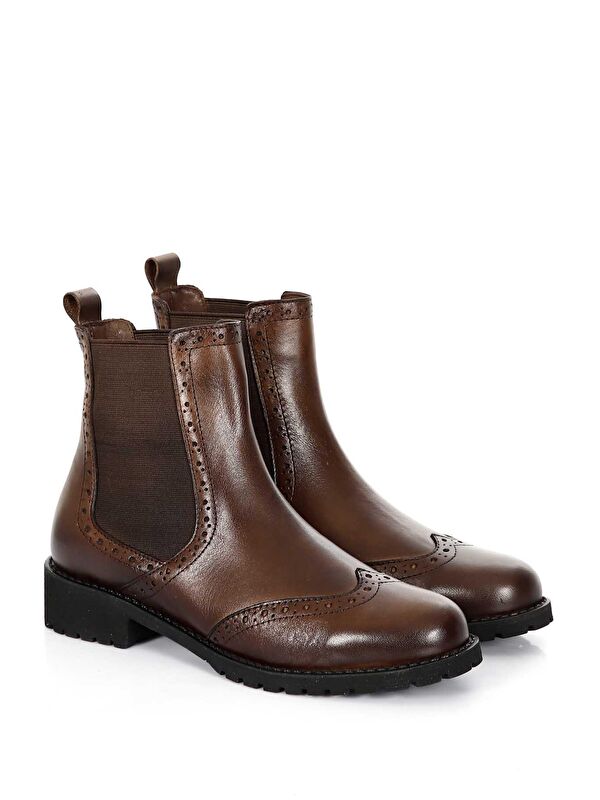 KAHVERENGİ Hakiki Deri Yuvarlak Burun Kauçuk Taban Topuklu Lastikli Kadın Günlük Chelsea Bot 48443 - Görsel 3