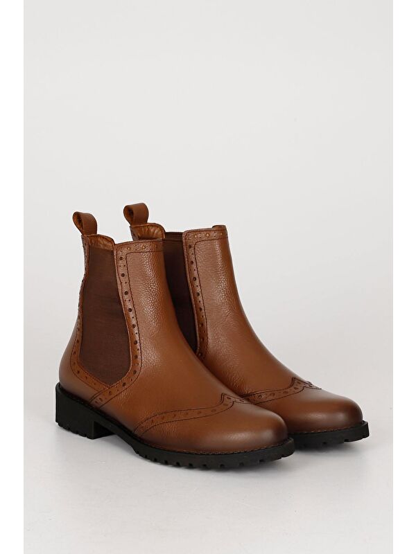 TABA Hakiki Deri Yuvarlak Burun Kauçuk Taban Topuklu Lastikli Kadın Günlük Chelsea Bot 48443 - Görsel 3